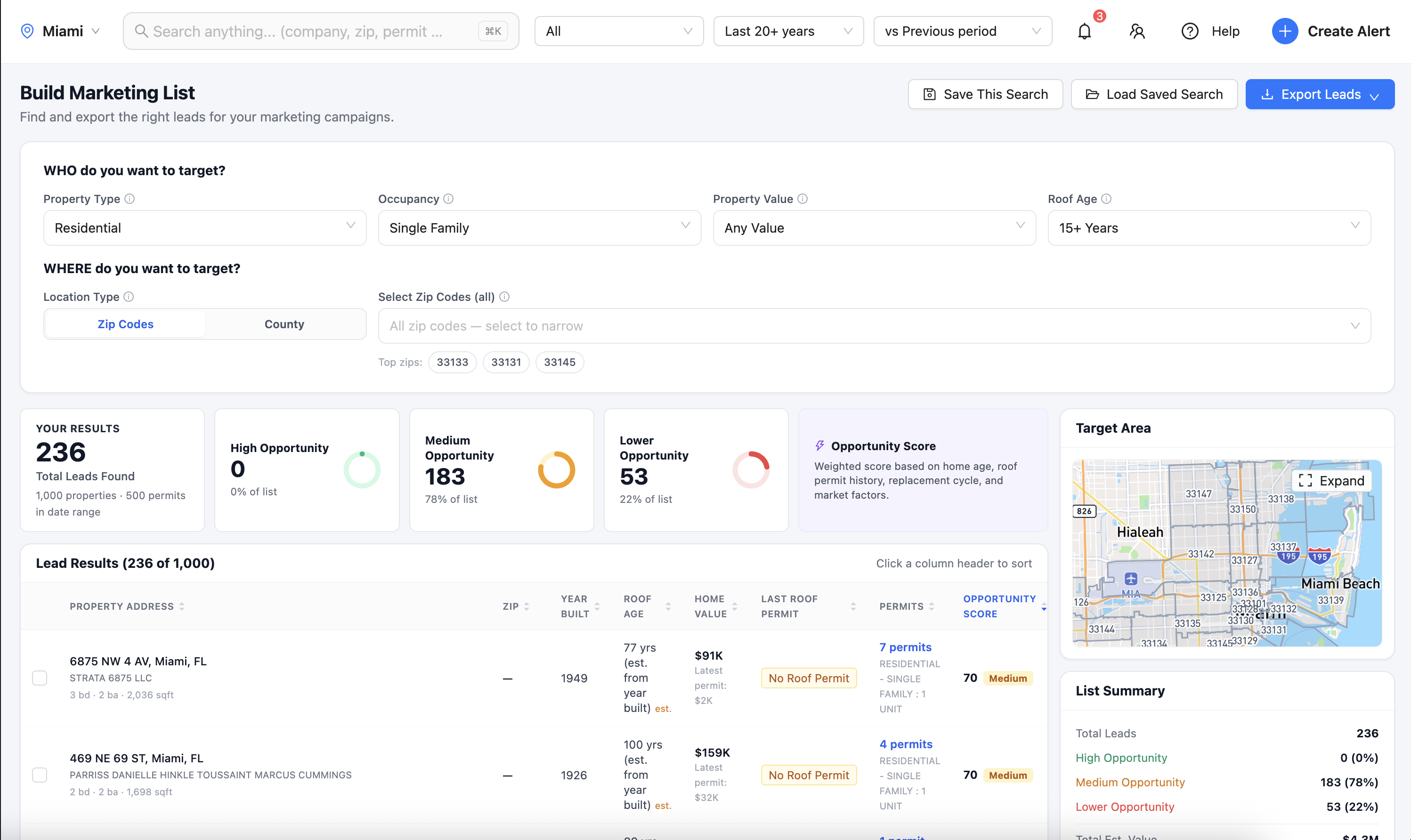 ContraX Lead Finder — scored contractor leads with property addresses and opportunity scores